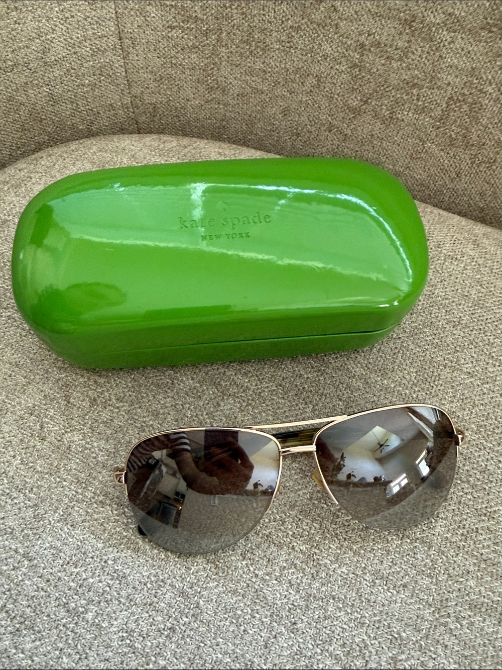 kate spade Gold Aviator Sunglasses with Brown Gradient Lenses and Green Case